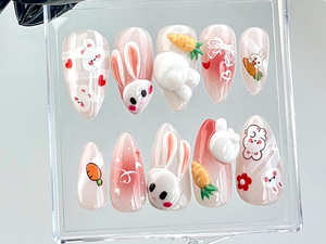 Bunny-Easter Almond Nails | Bunny Ears & Carrot Nail Art | Cute Animal Fake Nails | Adorable 3D Pink False Nails | Kawaii Nails | OB728YC