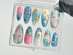 Ocean-Inspired Press On Nails | Hand-Painted Koi Fish Press On Nails | Floral Lotus Nail Art | Ocean Nails | Summer Press On nails | OB432TL
