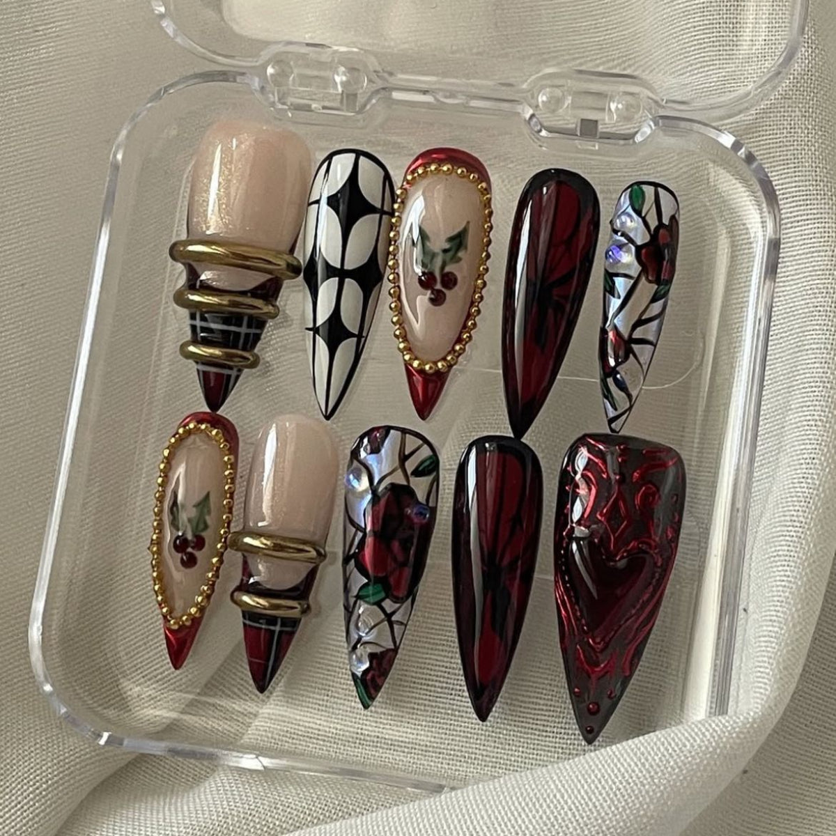 Gothic Red Black Nails Cherry and Rose