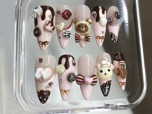 Cute Dessert Press On Nails | 3D Sweets And Bear Designs with Bow Fake Nails | 3D Chocolate, Candy Acrylic Nails | Kawaii Nails | OB549Y