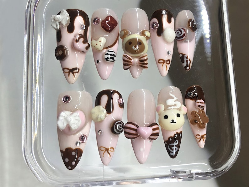 Cute Dessert Press On Nails | 3D Sweets And Bear Designs with Bow Fake Nails | 3D Chocolate, Candy Acrylic Nails | Kawaii Nails | OB549Y