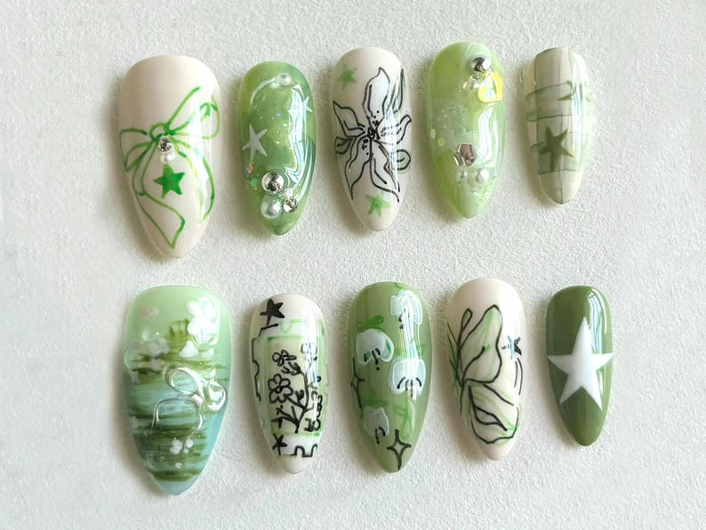 Spring Garden Long Almond Nails | Green Leaf & Floral Designs | Handcrafted Faux Nail Art | Trendy Nail Art | Unique Handmade Nails |OB534H