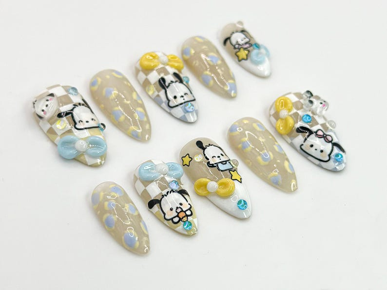 Kawaii Puppy Press On Nails | Cute Character Nail Art | Handmade Cartoon Nail Set | 3D Kawaii Nails | Handmade Nail Art | OC672HC