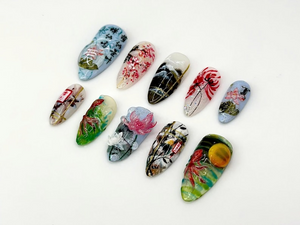 Japanese-Inspired Koi Fish Almond Nails | Asian-Inspired Scenic Fake Nails | Serene Waters Nail Art | Lotus and Bamboo Fake Nails | OB663YC