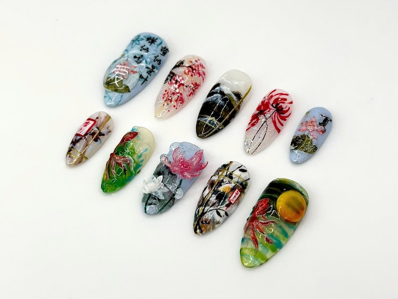 Japanese-Inspired Koi Fish Almond Nails | Asian-Inspired Scenic Fake Nails | Serene Waters Nail Art | Lotus and Bamboo Fake Nails | OB663YC