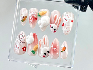 Bunny-Easter Almond Nails | Bunny Ears & Carrot Nail Art | Cute Animal Fake Nails | Adorable 3D Pink False Nails | Kawaii Nails | OB728YC