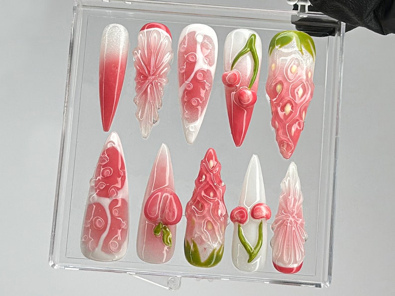Pink Fruit Press On Nails | Nail Set With Strawberry On Fake nails| Free Style Summer Fruit Nail Art | Nail Charms |Pink press ons | OB513TK