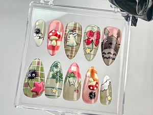 Studio Ghibli Inspired Almond Nails | Totoro & Nature Nail Art | Kawaii Ghibli Fake Nails | Studio Ghibli Theme False Nails | OB726YC