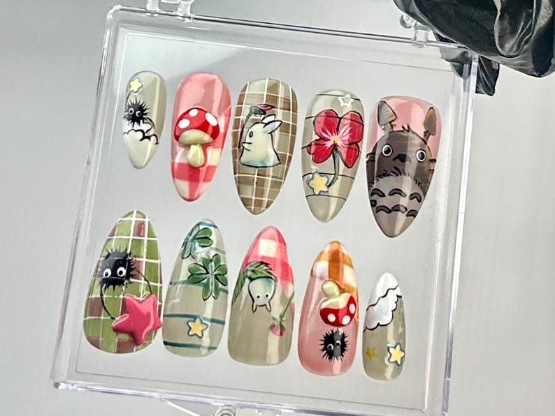 Studio Ghibli Inspired Almond Nails | Totoro & Nature Nail Art | Kawaii Ghibli Fake Nails | Studio Ghibli Theme False Nails | OB726YC