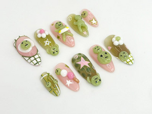 Kawaii Smiski-Inspired Press On Nails | Smiski-Inspired 3D Nails with Pink and Green Accents | Playful Smiski and Star Nail Set | OB640HK
