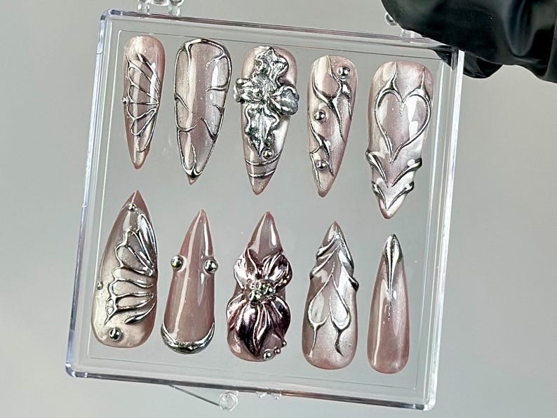 Metallic Chrome Press On Nails | Butterfly Wings Press Ons | Shiny Silver Fake Nails | Elegant Metallic Nail Art |Gothic, Y2K Nails |OB755YK
