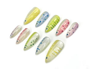 Shimmering Tropical Fish Press On Nails | Colorful Ocean-Inspired Nail Art | Silver Glitter Base with Vibrant Fish Details | OB1044EC