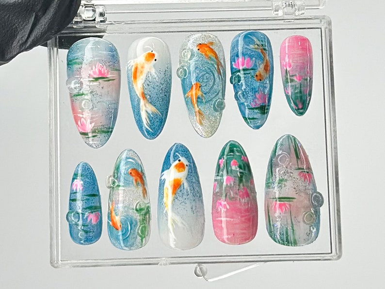 Ocean-Inspired Press On Nails | Hand-Painted Koi Fish Press On Nails | Floral Lotus Nail Art | Ocean Nails | Summer Press On nails | OB432TL