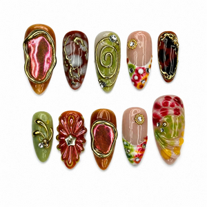 Art Nouveau Press On Nails with Gold Details | Abstract Floral & 3D Chrome Art | Vintage Statement Nails | OB543UC