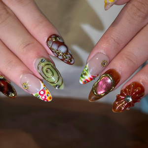 Art Nouveau Press On Nails with Gold Details | Abstract Floral & 3D Chrome Art | Vintage Statement Nails | OB543UC