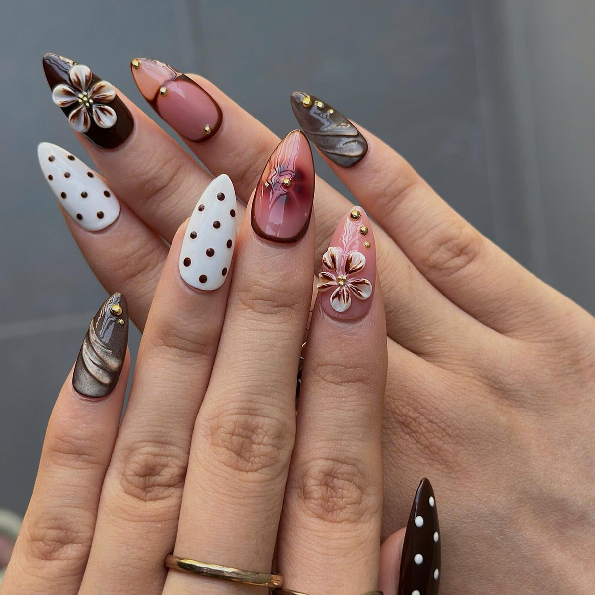 Autumn Floral Press On Nails with 3D Flower | Chocolate Brown Almond Nails | Vintage Botanical Nail Art for Fall, Thanksgiving | OB491UI