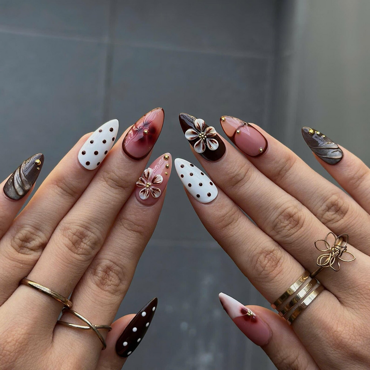 Autumn Floral Press On Nails with 3D Flower | Chocolate Brown Almond Nails | Vintage Botanical Nail Art for Fall, Thanksgiving | OB491UI