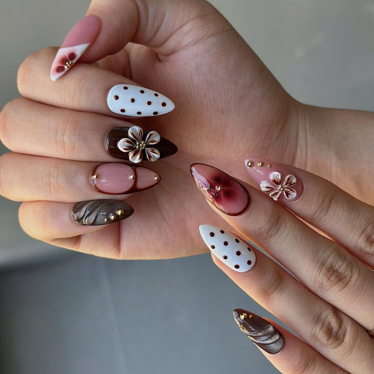 Autumn Floral Press On Nails with 3D Flower | Chocolate Brown Almond Nails | Vintage Botanical Nail Art for Fall, Thanksgiving | OB491UI