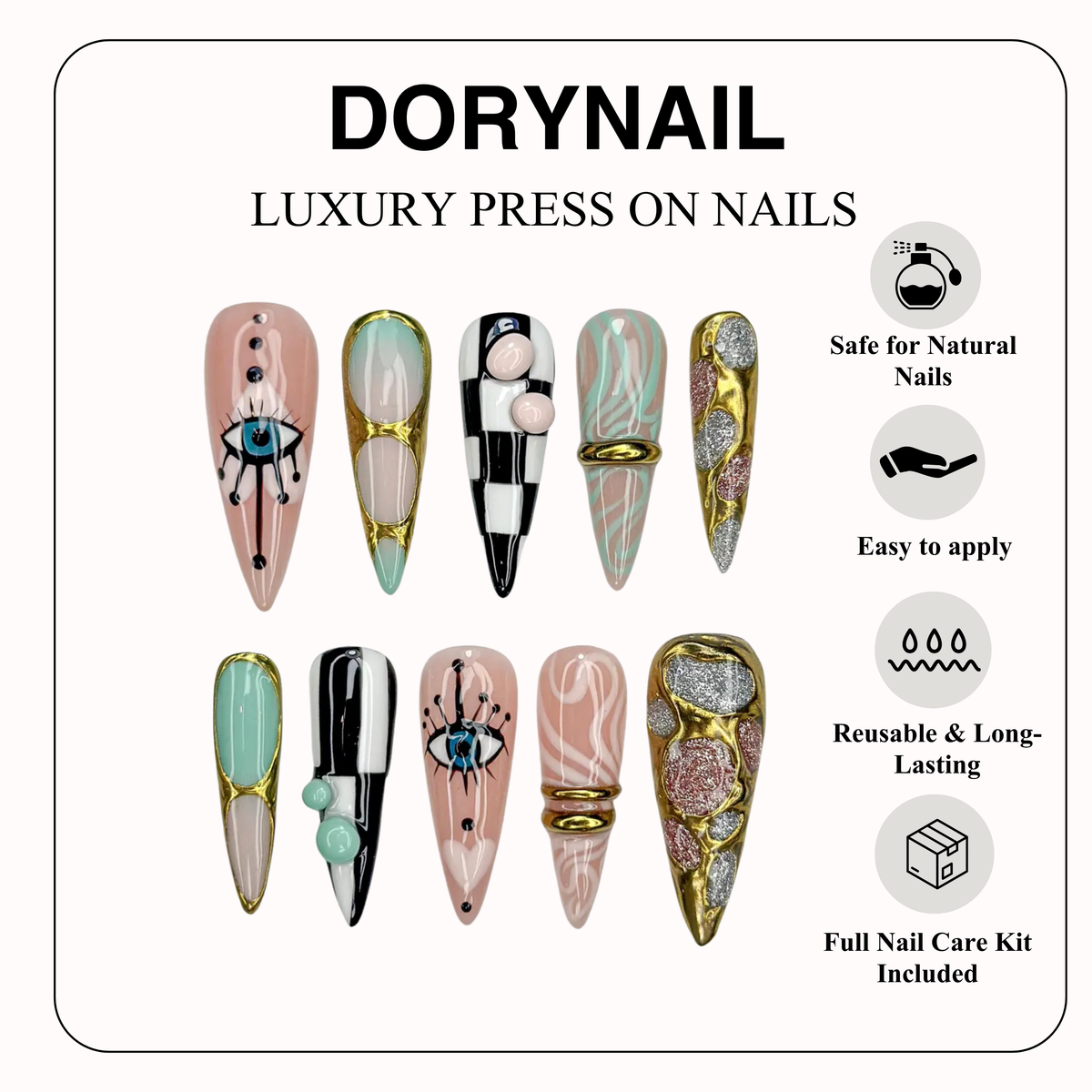 Gilded Luxury Colorful Press On Nails | Eye Art Gold Ring Nails | Handmade Nude Stiletto Nail Art | Luxury Statement Press Ons | OB302EC