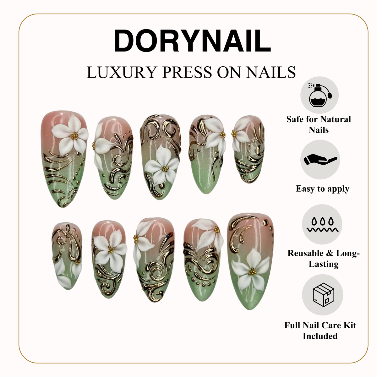3D White Blossom Gold Press On Nails | Nude Green Luxury Stiletto Nails | Handmade Elegant Nail Art | Classic Luxury Press Ons | OB301EC