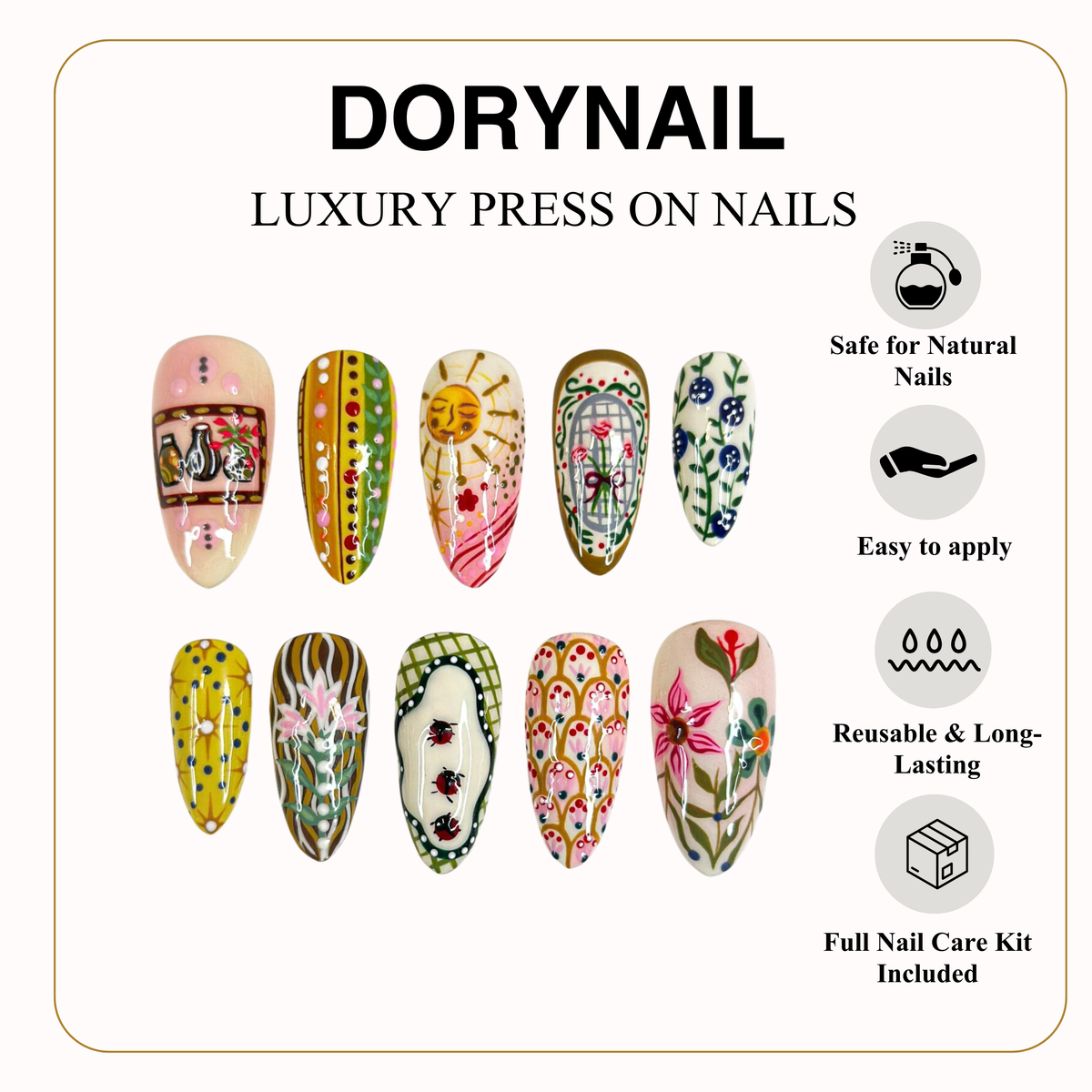 Hand Painted Vintage Floral Fake Nails | European Folk Art Nail Design | Soft Pastel Art Nails | Storybook Style Press Ons| OB304H