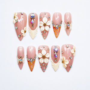 Blush Pink Floral Press On Nails, 3D Flower Nails, Elegant Bridal Nails, Luxury Nude Nails, Pearl Rhinestone Nails, OB1380U