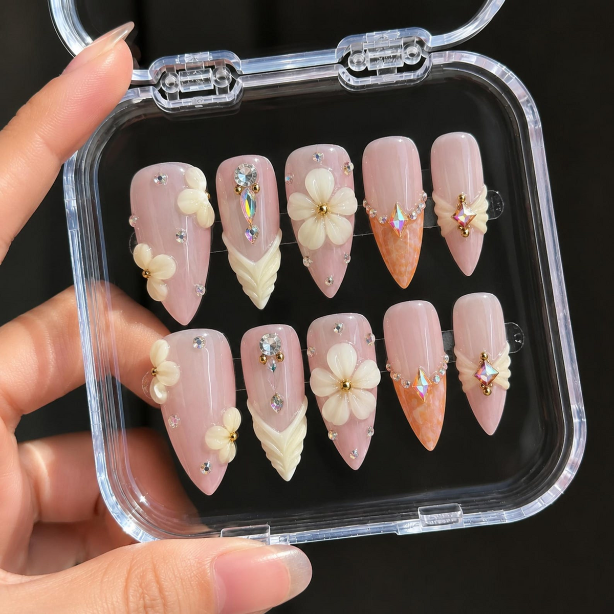 Blush Pink Floral Press On Nails, 3D Flower Nails, Elegant Bridal Nails, Luxury Nude Nails, Pearl Rhinestone Nails, OB1380U