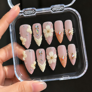 Blush Pink Floral Press On Nails, 3D Flower Nails, Elegant Bridal Nails, Luxury Nude Nails, Pearl Rhinestone Nails, OB1380U