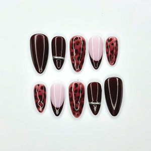 Burgundy Press On Nails with Leopard Print | Dark Red French Tip Fake Nails | Handmade Animal Print Nails for Fall, Party | OB508UC