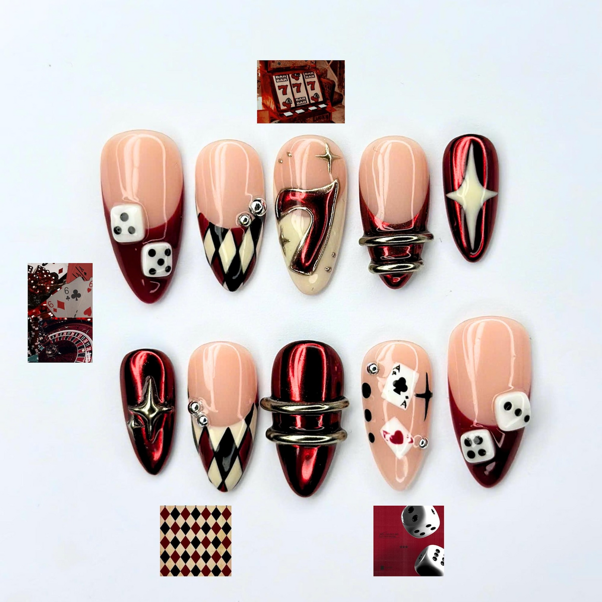 Casino Press On Nails with Dice & Poker Cards | Chrome Red Fake Nails in Almond Shape | Handmade Nail Art for Party, Concert | OB471UC