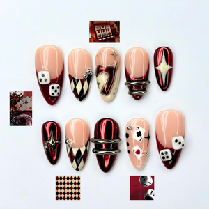 Casino Press On Nails with Dice & Poker Cards | Chrome Red Fake Nails in Almond Shape | Handmade Nail Art for Party, Concert | OB471UC