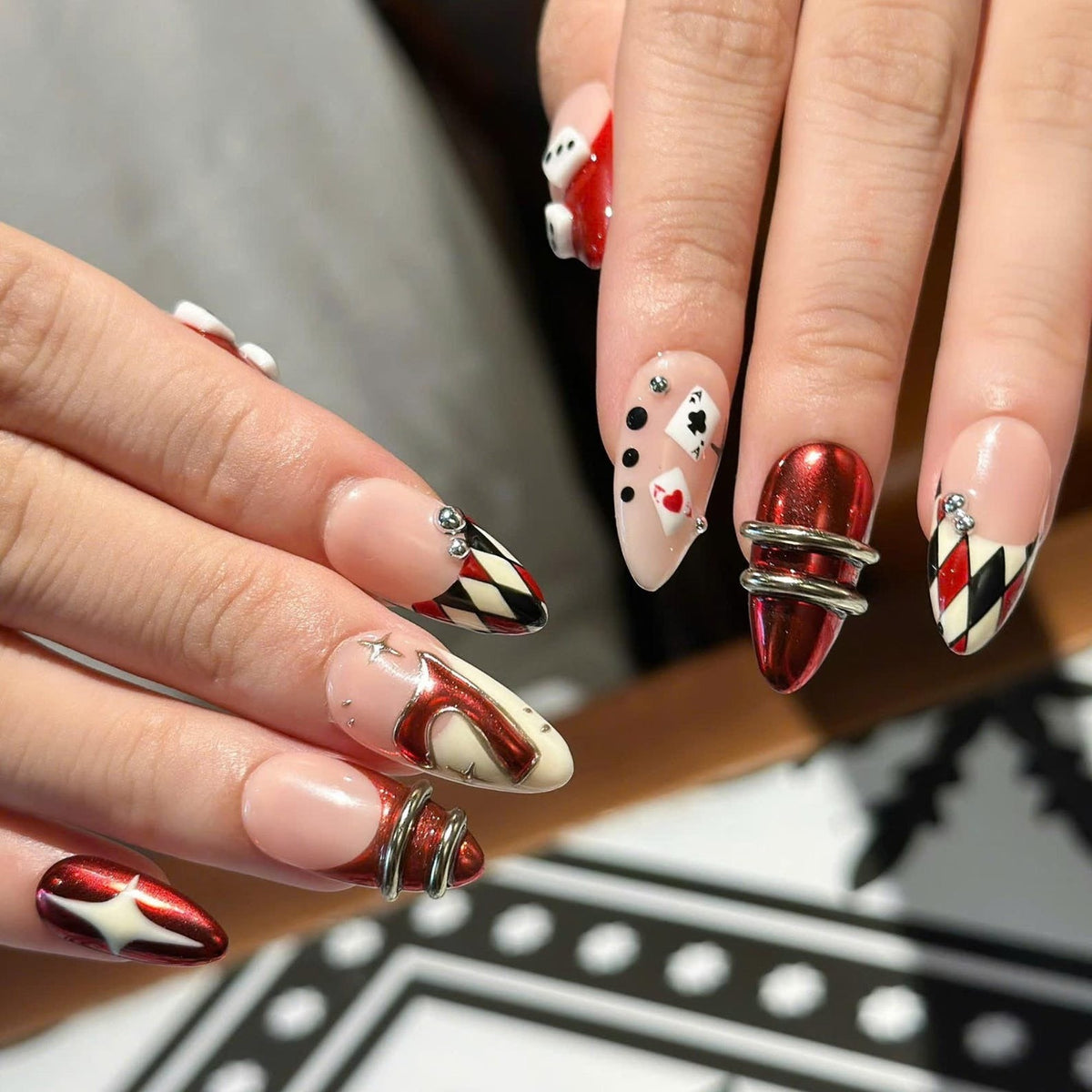 Casino Press On Nails with Dice & Poker Cards | Chrome Red Fake Nails in Almond Shape | Handmade Nail Art for Party, Concert | OB471UC