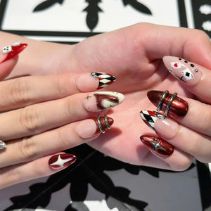 Casino Press On Nails with Dice & Poker Cards | Chrome Red Fake Nails in Almond Shape | Handmade Nail Art for Party, Concert | OB471UC