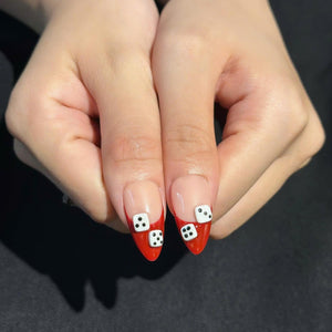 Casino Press On Nails with Dice & Poker Cards | Chrome Red Fake Nails in Almond Shape | Handmade Nail Art for Party, Concert | OB471UC