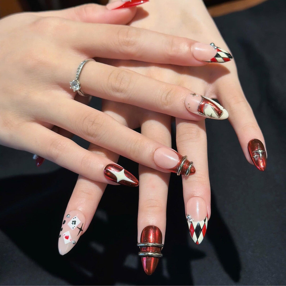 Casino Press On Nails with Dice & Poker Cards | Chrome Red Fake Nails in Almond Shape | Handmade Nail Art for Party, Concert | OB471UC