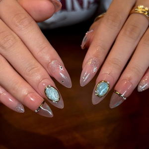 Celestial Press On Nails with Gemstone Charm | Nude Crystal Fake Nails in Almond Shape | Handmade Star Nail Art for Women | OB515UA