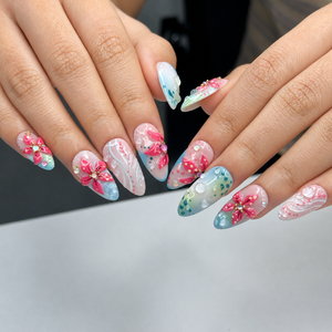 Summer Floral Press On Nails Almond • Tropical Vacation Gift for Her • Flowers Handmade Fake Nails Beach Nail Set| OB1368LG