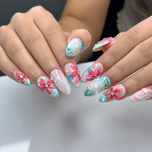 Summer Floral Press On Nails Almond • Tropical Vacation Gift for Her • Flowers Handmade Fake Nails Beach Nail Set| OB1368LG