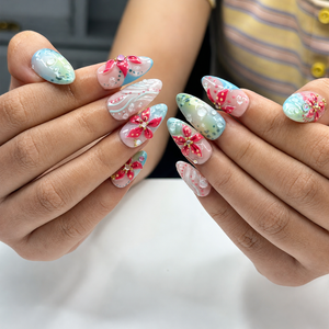Summer Floral Press On Nails Almond • Tropical Vacation Gift for Her • Flowers Handmade Fake Nails Beach Nail Set| OB1368LG
