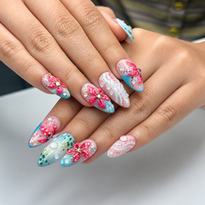 Summer Floral Press On Nails Almond • Tropical Vacation Gift for Her • Flowers Handmade Fake Nails Beach Nail Set| OB1368LG