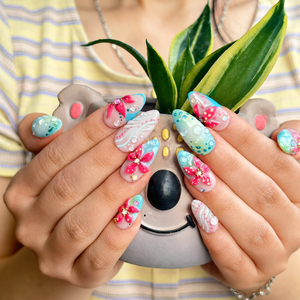 Summer Floral Press On Nails Almond • Tropical Vacation Gift for Her • Flowers Handmade Fake Nails Beach Nail Set| OB1368LG