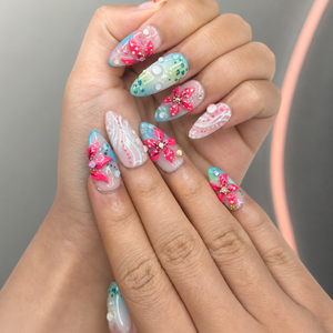 Summer Floral Press On Nails Almond • Tropical Vacation Gift for Her • Flowers Handmade Fake Nails Beach Nail Set| OB1368LG