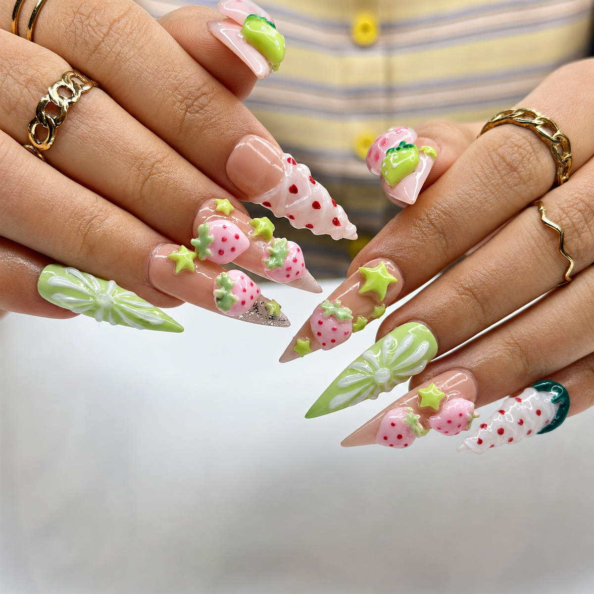 Kawaii Strawberry Press On Nails | Handmade Fruit Nails, Green Bow Nails, Y2K Cute Nails, Salon Quality Reusable Nailsr | OB432LG