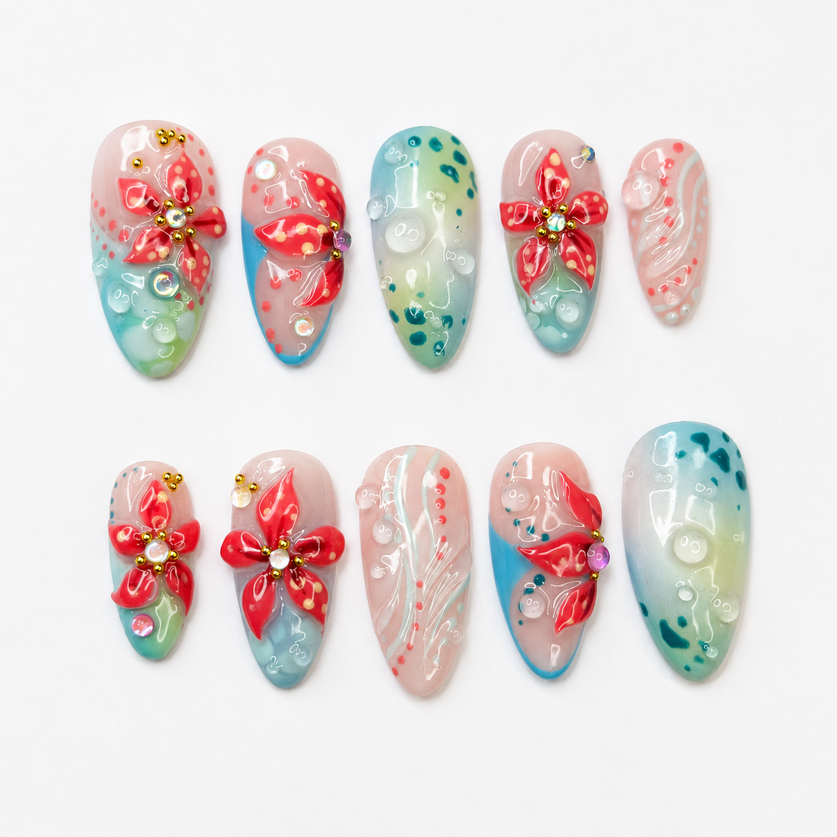 Summer Floral Press On Nails Almond • Tropical Vacation Gift for Her • Flowers Handmade Fake Nails Beach Nail Set| OB1368LG