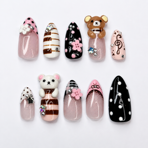 Teddy Bear Press On Nails Almond • Pink Black Kawaii 3D Bear Flower Music Note Fake Nails • Cute Birthday Gift for Her| OB430LC