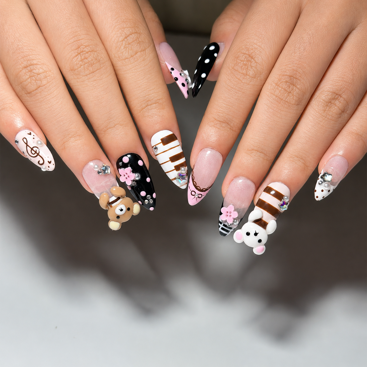 Teddy Bear Press On Nails Almond • Pink Black Kawaii 3D Bear Flower Music Note Fake Nails • Cute Birthday Gift for Her| OB430LC