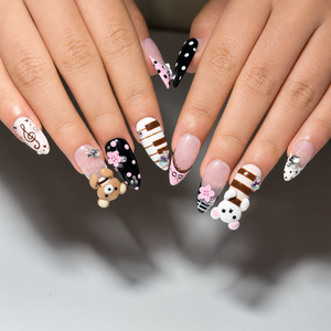 Teddy Bear Press On Nails Almond • Pink Black Kawaii 3D Bear Flower Music Note Fake Nails • Cute Birthday Gift for Her| OB430LC