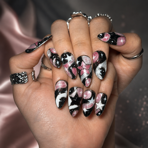 Celestial Press On Nails Almond • Birthday Gift for Her • Pink Black 3D Star Moon Galaxy Handmade Fake Nails Romantic Dark Style| OB425LC