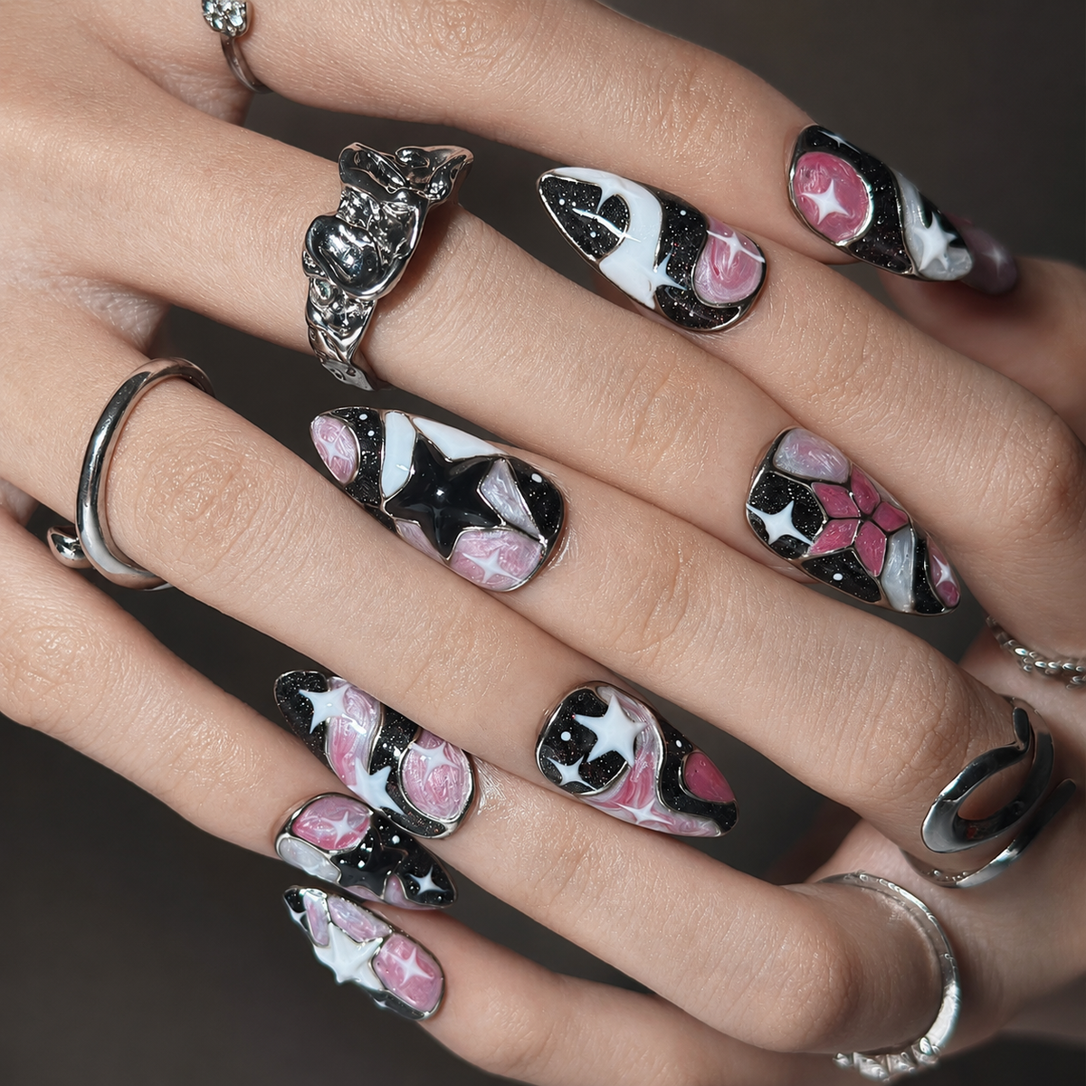 Celestial Press On Nails Almond • Birthday Gift for Her • Pink Black 3D Star Moon Galaxy Handmade Fake Nails Romantic Dark Style| OB425LC