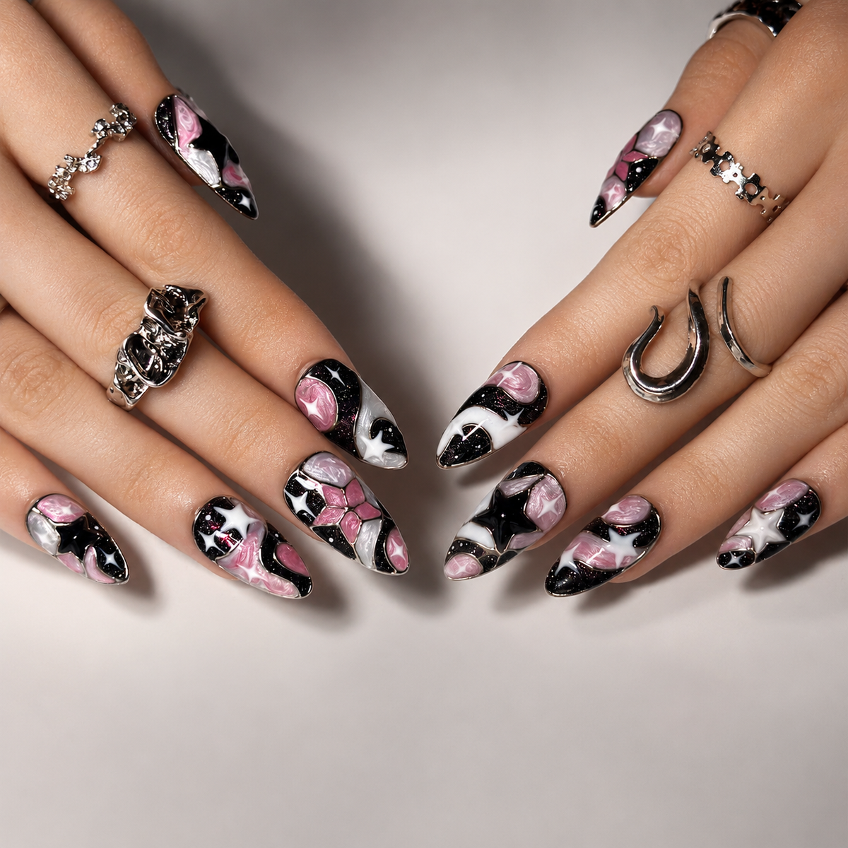 Celestial Press On Nails Almond • Birthday Gift for Her • Pink Black 3D Star Moon Galaxy Handmade Fake Nails Romantic Dark Style| OB425LC